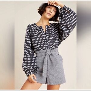 Pilcro by Anthropologie Navy Blue Fil-Coupe Balloon Sleeve Blouse Small Boho Top